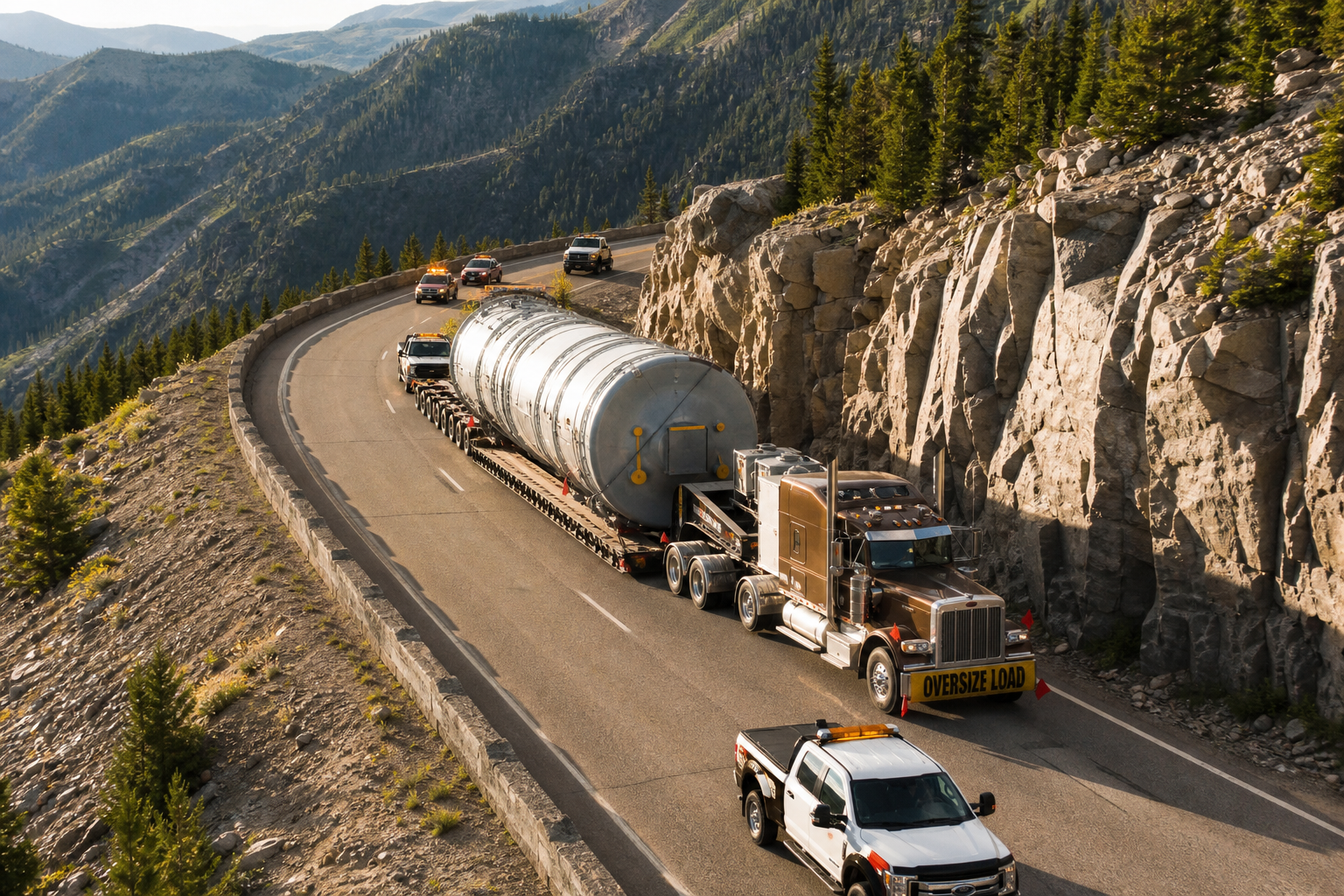 Aerial view of an oversized load route being escorted