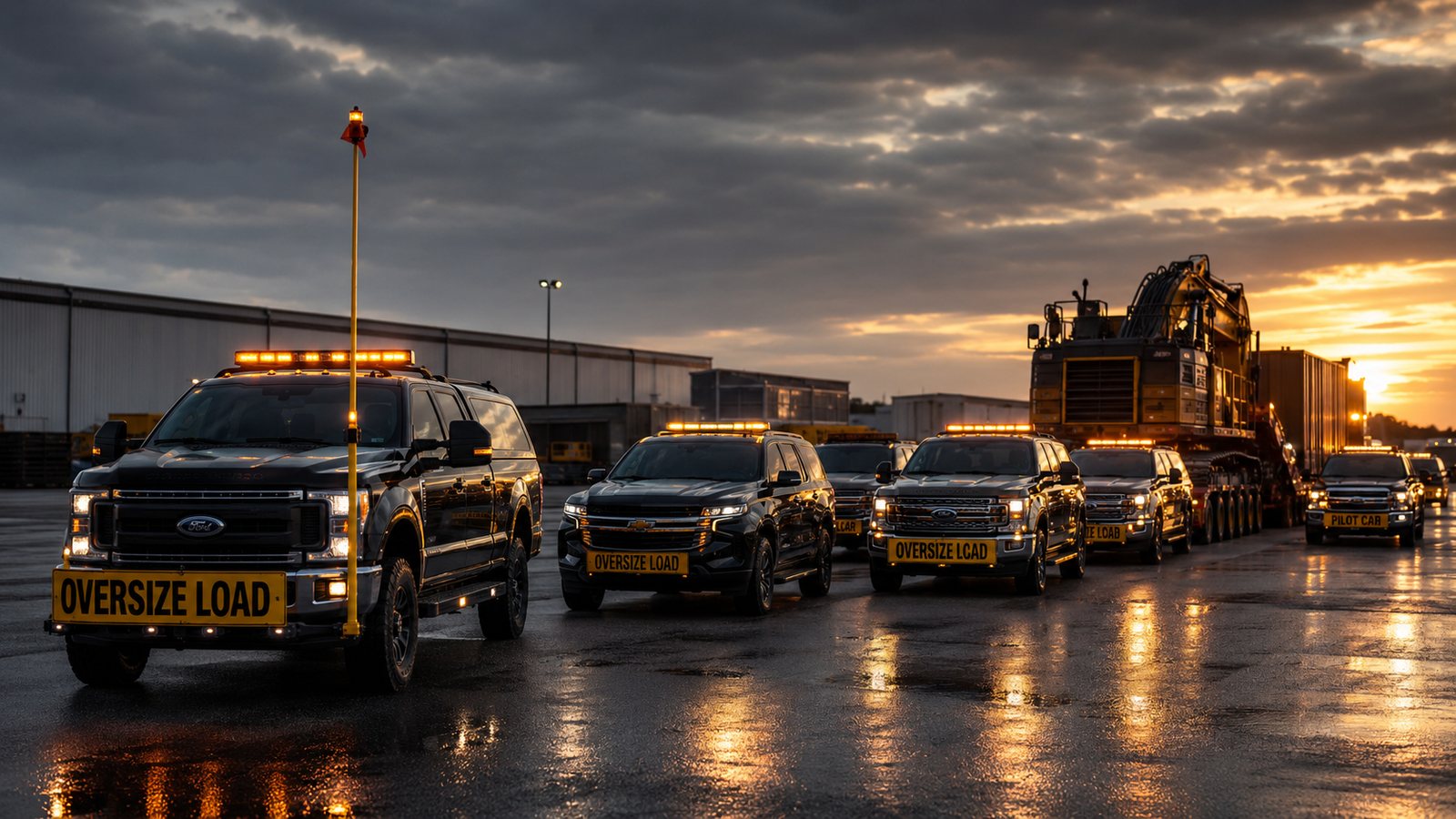 Heavy Haul Support pilot car escort trucks staged at dusk with an oversized machinery load