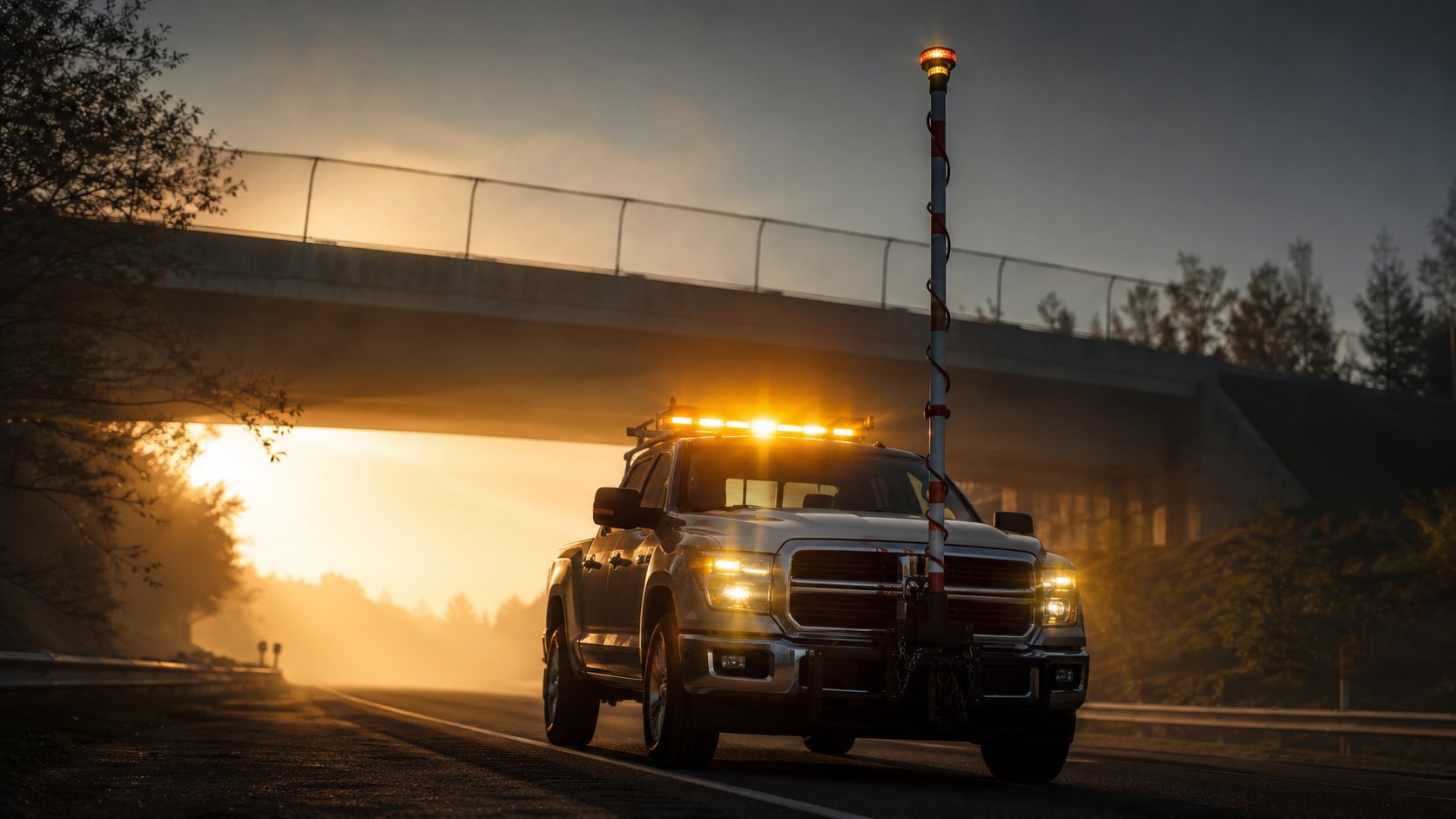 High-pole pilot car verifying overhead clearance ahead of an oversize load at dawn