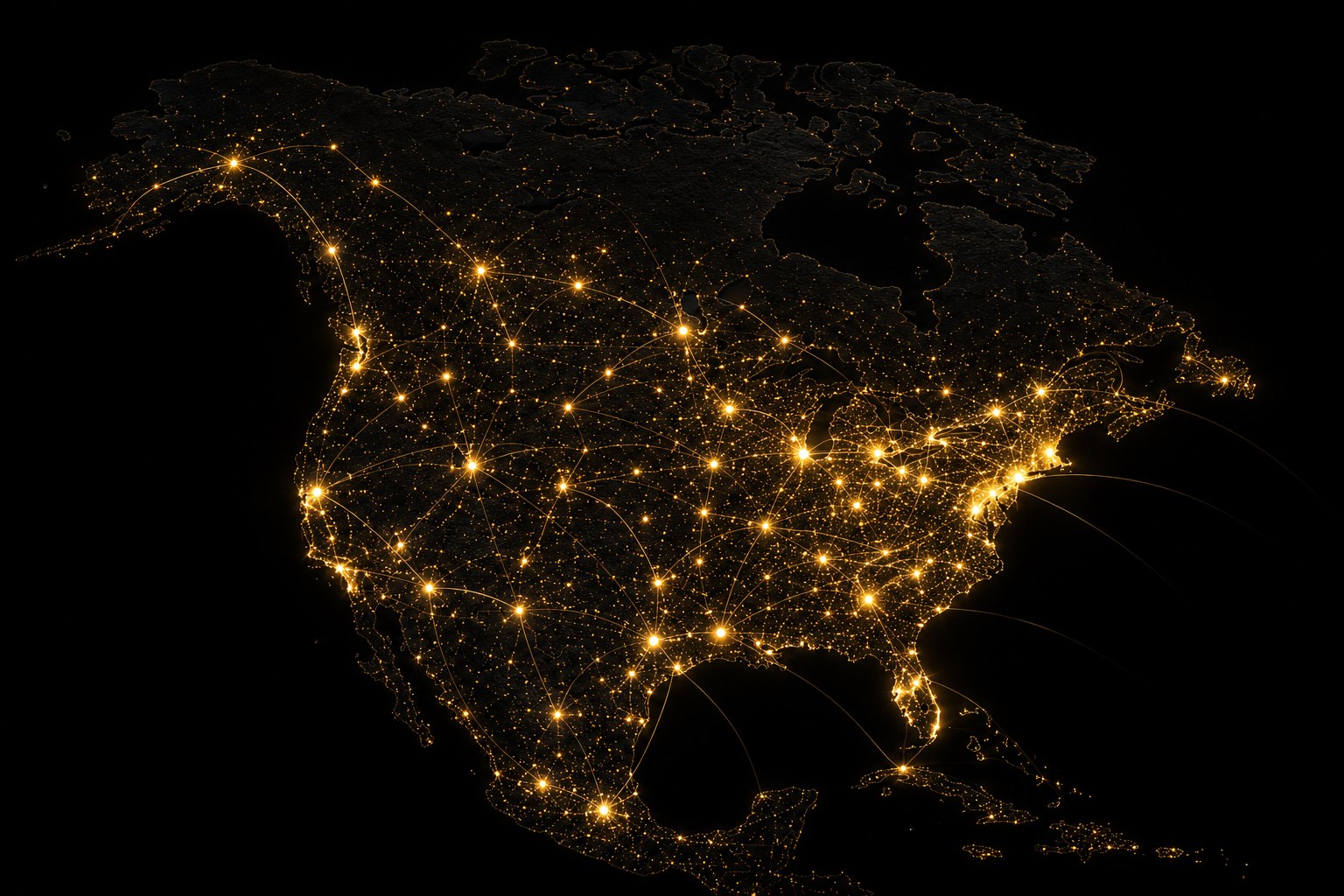 North America at night rendered as a glowing gold network of pilot car operators connected across the United States and Canada