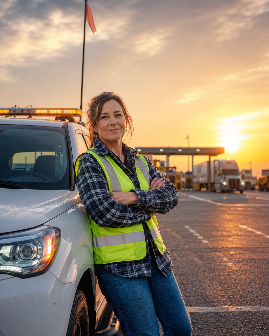 Pilot car operator standing beside her escort vehicle with amber light bar at a truck stop at sunrise